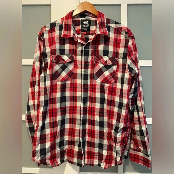 Ecko Unltd Button Down Collared Red Black Plaid Shirt Cotton Blend Men’s XL EUC - Picture 2 of 9